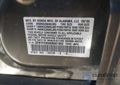 2006 Honda Pilot Ex-L из США, поврежденный, VIN 5FNYF28506B001902